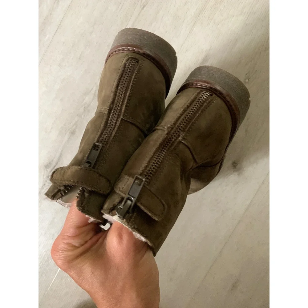 Bonpoint Kids Shearling Lined‎ Leather Boots Olive Green Spain Size 34 Zip Back